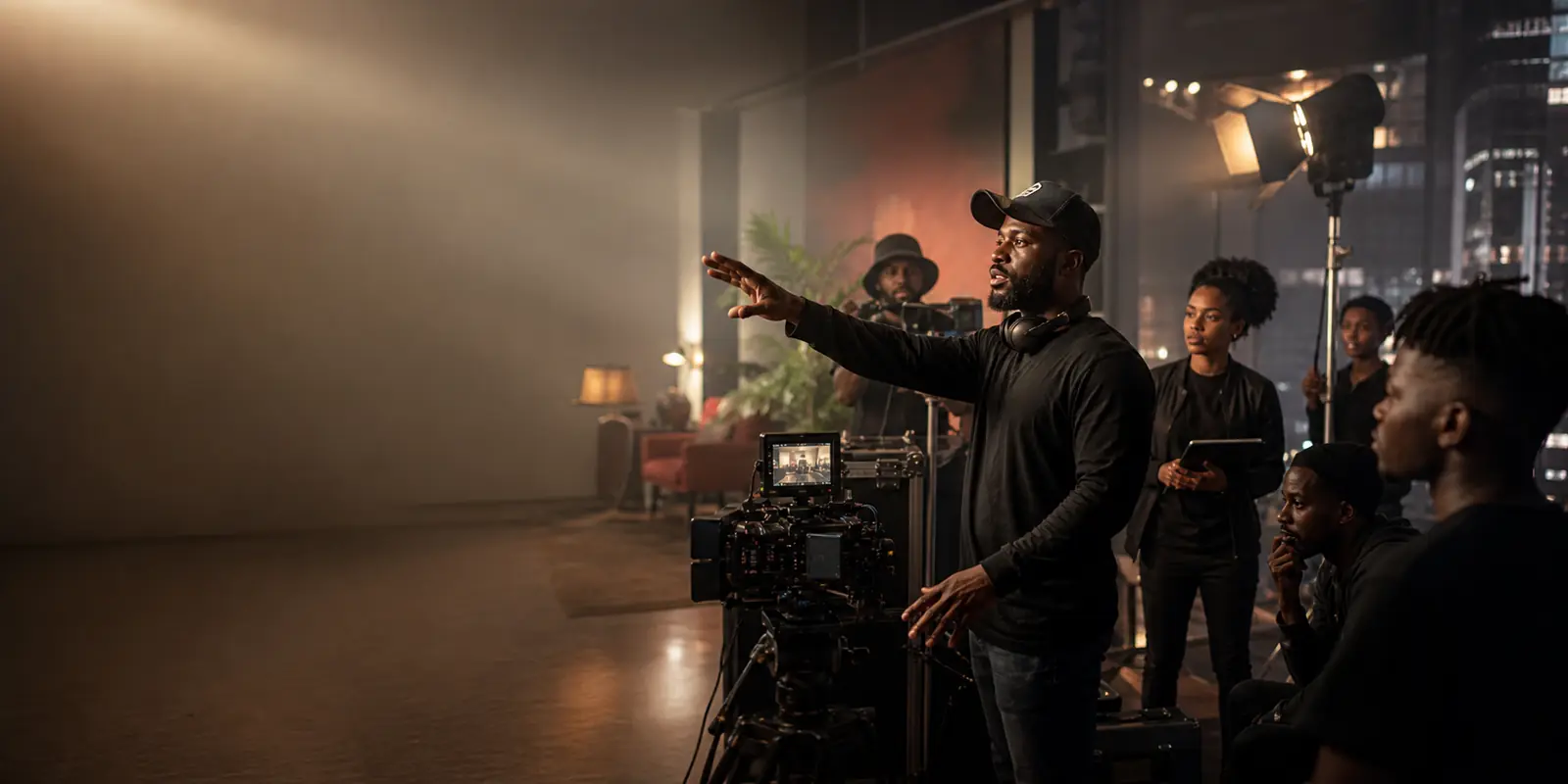 Director leading a film crew on a cinematic set